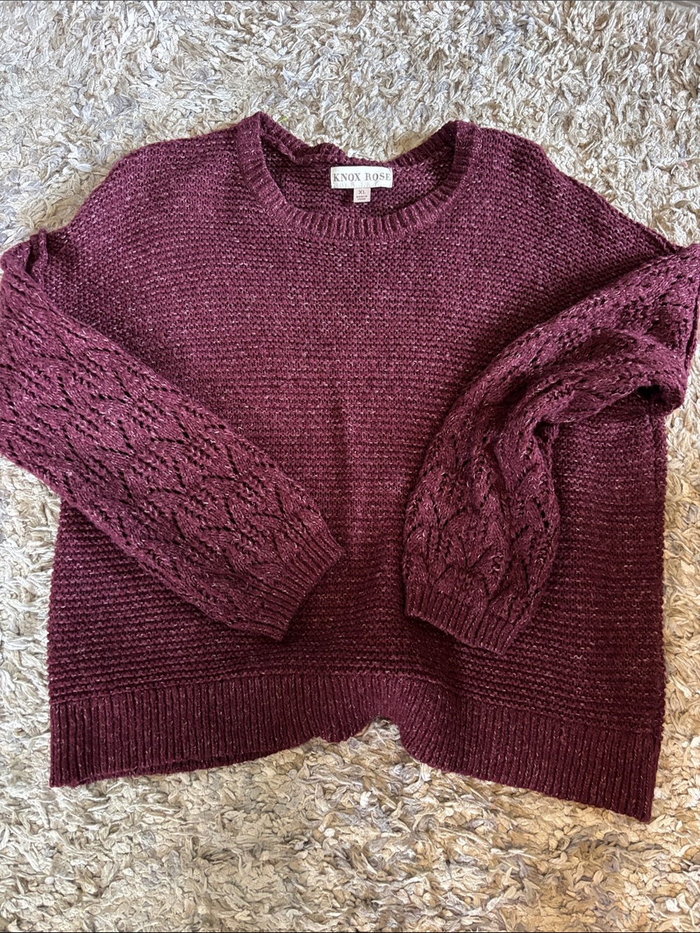 Knox Rose Cable-Sleeve Crewneck Sweater in Plum
